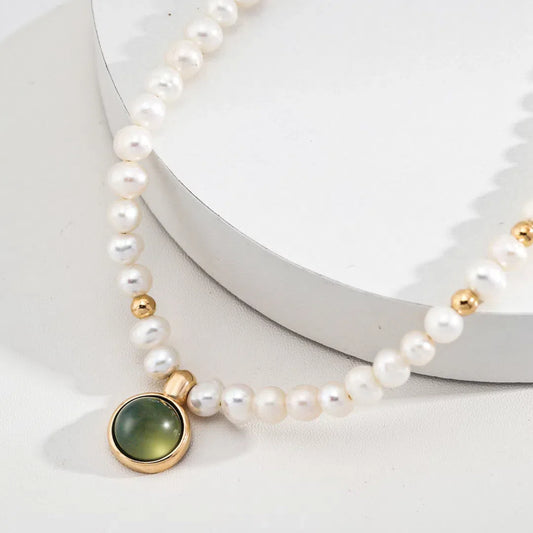 Water Grass Agate Sterling Silver Pearl Necklace