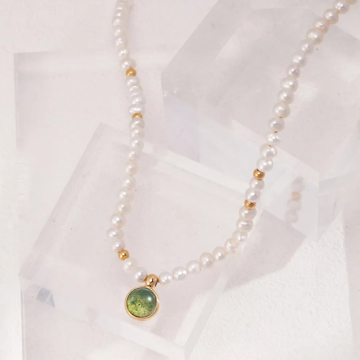 Water Grass Agate Sterling Silver Pearl Necklace